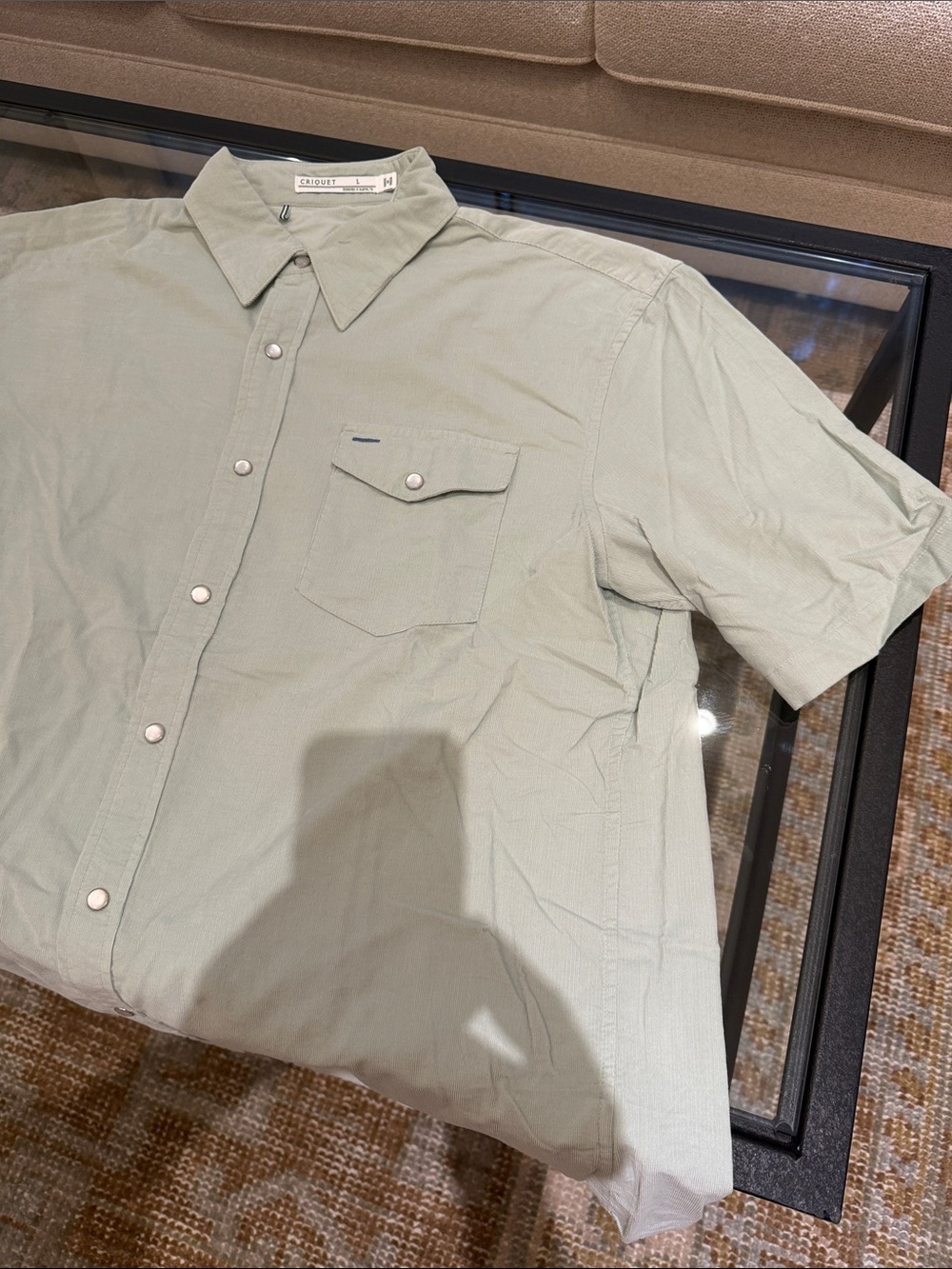 Criquet Short Sleeve Summer Weight Corduroy Button-Down Shirt — Light Sage